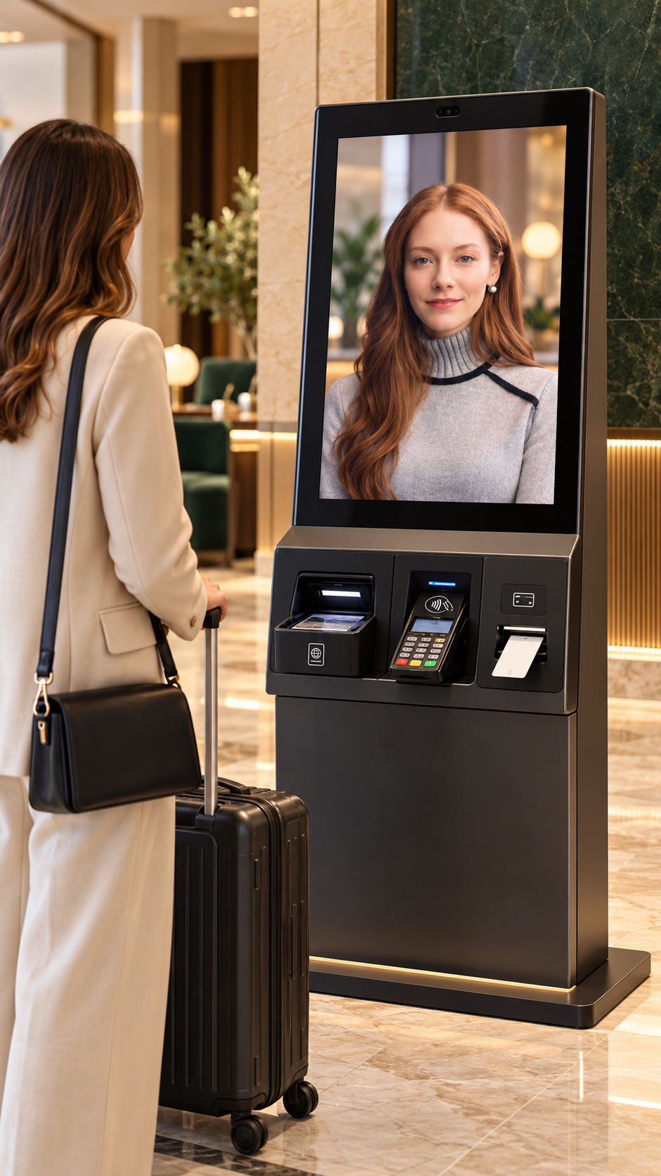 Pasaport okuyucu, ödeme terminali ve oda kartı modülleri bulunan otel Kiosk Avatar